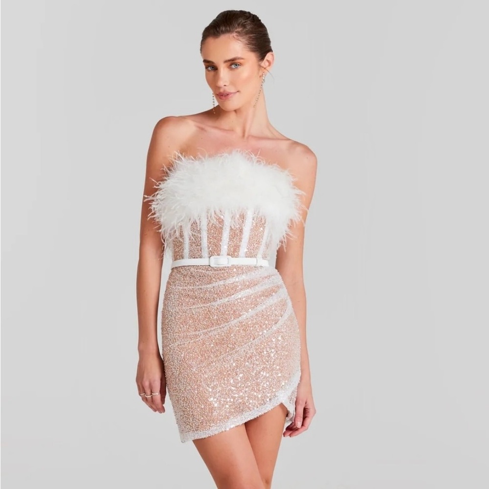 NADINE MERABI Lucie White Sequinned Corset Feather Trim Dress